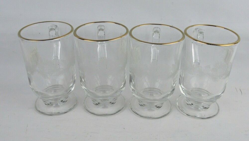 4 Libbey Vintage Ribbed Glass Pedestal Coffee Mugs Etched 8oz